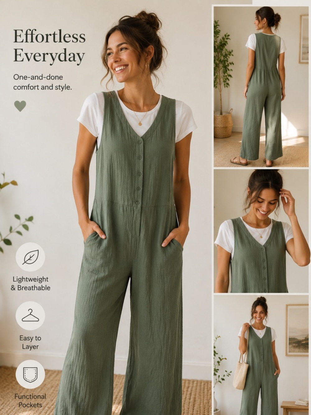 Coldwater Creek Sleeveless V-Neck Wide-Leg Jumpsuit in Sage Green